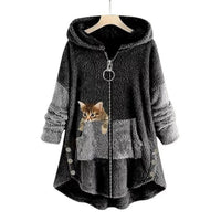 Lena | Damen Plüsch-Hoodie Sweatshirt Reißverschluss Katzen-Print Fleece – Dunkelgrau