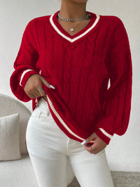 Damen Pullover mit V-Ausschnitt, Zopfmuster und Streifendetail – Rot