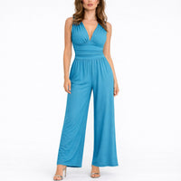 Katharina | Damen Ärmelloser Weitbein-Jumpsuit Tiefem V-Ausschnitt – Blau