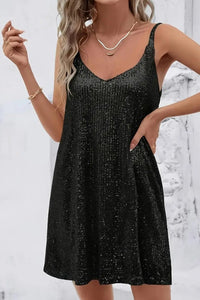 Johanna | Damen Ärmelloses Pailletten-Cocktailkleid V-Ausschnitt Mini – Schwarz
