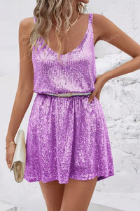 Johanna | Damen Ärmelloses Pailletten-Cocktailkleid V-Ausschnitt Mini – Lila
