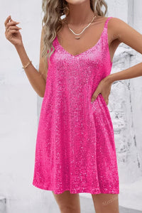 Johanna | Damen Ärmelloses Pailletten-Cocktailkleid V-Ausschnitt Mini – Rote Rose