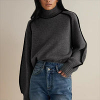 Sophie | Damen Rollkragen Oversized Strick Sweater mit Kontraststreifen – Grau