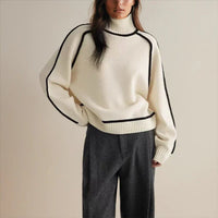 Sophie | Damen Rollkragen Oversized Strick Sweater mit Kontraststreifen – Weiß