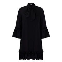 Annika | Damen Rüschen-Tunika-Minikleid mit Schleifenkragen – Schwarz
