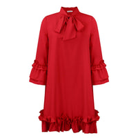 Annika | Damen Rüschen-Tunika-Minikleid mit Schleifenkragen – Rot