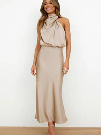 Marie | Damen Satin Cocktailkleid Elegant Schulterfrei Midi Abendkleid – Beige