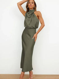 Marie | Damen Satin Cocktailkleid Elegant Schulterfrei Midi Abendkleid – Grün