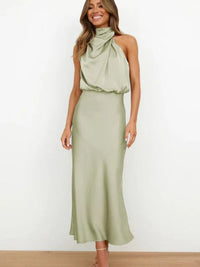 Marie | Damen Satin Cocktailkleid Elegant Schulterfrei Midi Abendkleid – Oliv