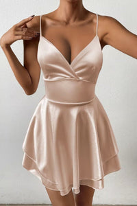 Amelie | Damen Satin Cocktailkleid Wickel-V-Ausschnitt Offener Rücken Mini – Apricot