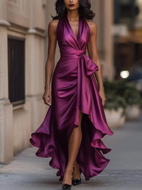 Lena | Damen Satin Halterneck Cocktail Party Dress Wickelschnitt High-Low-Saum – Pink