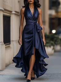 Lena | Damen Satin Halterneck Cocktail Party Dress Wickelschnitt High-Low-Saum – Marine