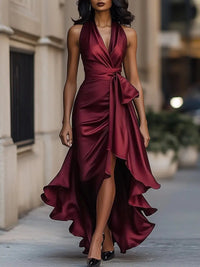Lena | Damen Satin Halterneck Cocktail Party Dress Wickelschnitt High-Low-Saum – Burgunder