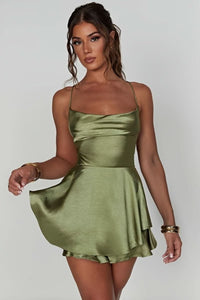 Amelie | Damen Satinoptik Rückenfreies Cocktailkleid Geraffter Taille Minirock – Matcha