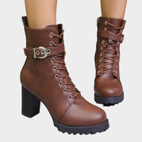 Katharina | Damen Schnürer-Ankle-Boots mit Blockabsatz und Schnalle – Braun