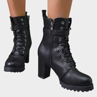Katharina | Damen Schnürer-Ankle-Boots mit Blockabsatz und Schnalle – Schwarz