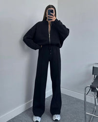 Damen Set Jogginganzug mit Reißverschluss Oberteil und Elastischer Hose und Kordelzug – Schwarz