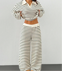 Damen Set mit gestreiftem Oberteil und Hose – Weiß