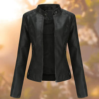 Marlene | Damen Slim-Fit Bikerjacke Kunstleder Reißverschluss Stehkragen – Schwarz