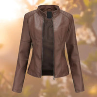 Marlene | Damen Slim-Fit Bikerjacke Kunstleder Reißverschluss Stehkragen – Dunkelbraun