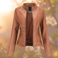 Marlene | Damen Slim-Fit Bikerjacke Kunstleder Reißverschluss Stehkragen – Braun