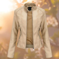 Marlene | Damen Slim-Fit Bikerjacke Kunstleder Reißverschluss Stehkragen – Beige
