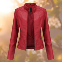 Marlene | Damen Slim-Fit Bikerjacke Kunstleder Reißverschluss Stehkragen – Rot