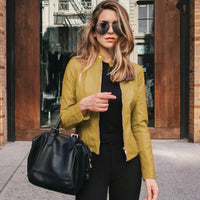Sophie | Damen Slim-Fit Kunstleder Bikerjacke mit Reißverschluss – Gelb