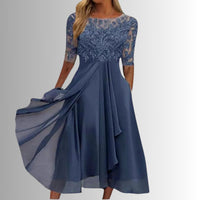 Charlotte | Damen Spitzen Midi Abendkleid Chiffon Formelles Kleid mit Halbarm – Blau
