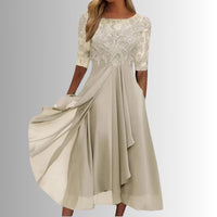 Charlotte | Damen Spitzen Midi Abendkleid Chiffon Formelles Kleid mit Halbarm – Creme