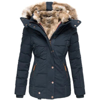 Damen Steppjacke mit Kunstfell-Kapuze und Reißverschluss – Blau