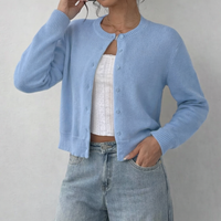 Damen Strickjacke mit Rundausschnitt Durchgehender Knopfleiste Langen Ärmeln mit Rippbündchen auf Taillenlänge – Hellblau