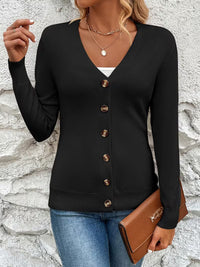 Damen Strickjacke mit V-Ausschnitt Knopfverschluss Langen Ärmeln und Gerippten Bündchen – Schwarz