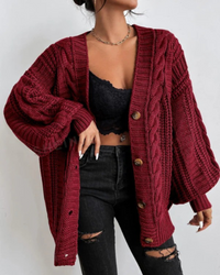 Damen stylischer Zopfstrick-Cardigan | Lang – Bordeaux