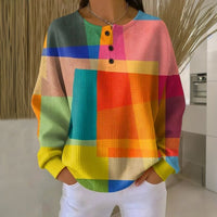 Lena | Damen Sweatshirt Buntes Waffelstrick-Pullover Rundhals Knopfleiste – Mehrfarbig