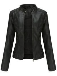 Annika | Damen Taillierte Kunstleder Biker Jacke Reißverschluss – Schwarz