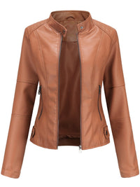 Annika | Damen Taillierte Kunstleder Biker Jacke Reißverschluss – Braun