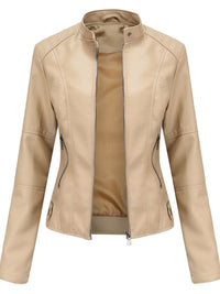 Annika | Damen Taillierte Kunstleder Biker Jacke Reißverschluss – Beige