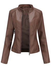 Annika | Damen Taillierte Kunstleder Biker Jacke Reißverschluss – Dunkelbraun