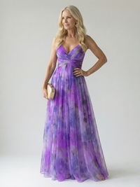 Damen Trägerkleid Maxi Kleid mit Kreuzausschnitt und Aquarelldruck – Lila