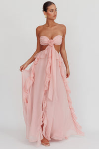 Damen Trägerloses Maxikleid mit Taillenausschnitt Rüschenrock und Rosettenapplikation – Rosa