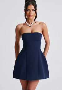 Damen Trägerloses Minikleid mit Paneelnähten und Ausgestelltem Rock – Marine