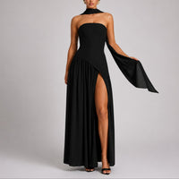 Charlotte | Damen Trägerloses Maxi-Kleid mit Schal Hochzeitskleid Gast Abendkleid – Schwarz