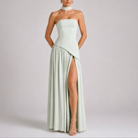 Charlotte | Damen Trägerloses Maxi-Kleid mit Schal Hochzeitskleid Gast Abendkleid – Hellgrün