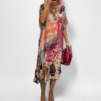 Marie | Damen Tunika weit schwingend grafischer Allover-Print V-Ausschnitt – Rosa