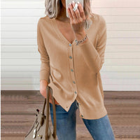 Amelie | Damen V-Ausschnitt Strickjacke Langarm Cardigan mit Knöpfen – Camel