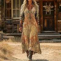 Elfriede | Damen Vintage-Print Langarmkleid mit V-Ausschnitt fließende Passform – Gelb