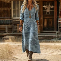 Elfriede | Damen Vintage-Print Langarmkleid mit V-Ausschnitt fließende Passform – Hellblau