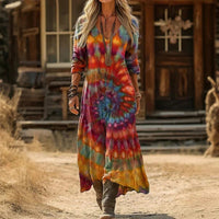Elfriede | Damen Vintage-Print Langarmkleid mit V-Ausschnitt fließende Passform – Mehrfarbig