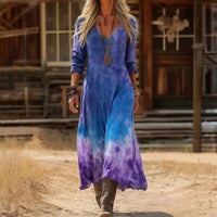 Elfriede | Damen Vintage-Print Langarmkleid mit V-Ausschnitt fließende Passform – Blau